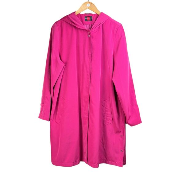 Gallery Pink Hood Button Closure Padded Shoulder Lined Long Rain Jacket Pockets - Picture 9 of 13